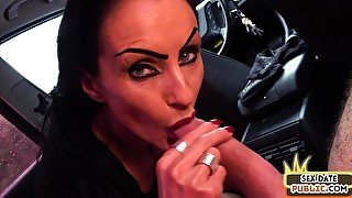 Public slut drilled in POV in car by big white dick