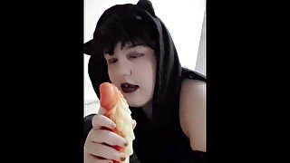 Femboy sissy twink sucks on huge dragon dildo