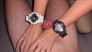 Double BIG G-Shock Wristwatch Handjob By Milf with Long Nails