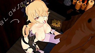 Genshin Impact Fischl BlowJob Hentai Blonde Girl Half Naked MMD 3D Dark Brown Clothes CE SMIXIX