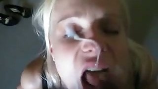 Sassy blonde wearing stockings drives me crazy with a blowjob