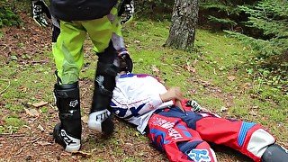 Motocross biker boot trample and wank