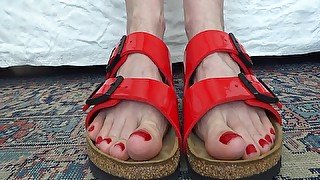 Toe fetish - wiggling my toes in red patent leather Birkis Birkenstock part 2