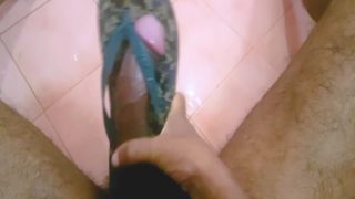 Uncut Big Black Cock - size comparing with a flip flop and cock play