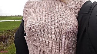 Boobwalk: Walking braless in a pink see through knitted sweater