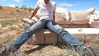 Public jeans wetting and cumshot on an abandoned couch