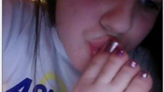 Thick Brunette Sucks Her Toes With Purple Nail Polish On The Floor