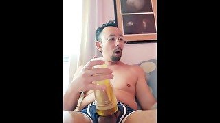 Hot Guy Wearing Glasses Enjoying Two Fleshlights