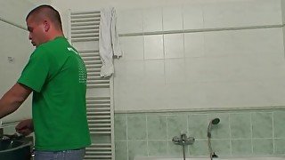 He screws busty girlfriends mom in bathroom