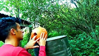 Twink is fucking a pumpkin and eating own creampie in the garden