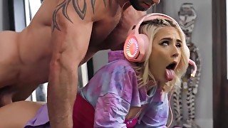 Jessie Saint playing video games while Danny Steele bangs her