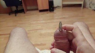 Small penis plug is fully inside pushed by the other cock sounding rod