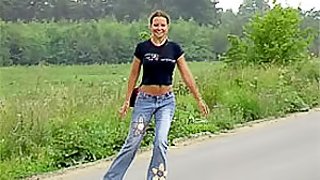 Roller Skating Cutie Masturbates With A Dildo In the middle Of The Road