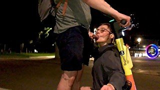 Public exhibitionist sex. Blowjob on an electric scooter