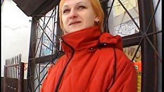 Funny short-haired redhead chick gets pickuped in winter