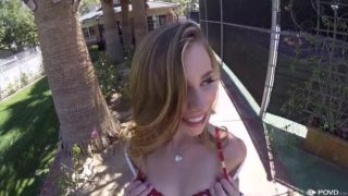 Frisky blonde eagerly takes a POV mouthful after being drilled