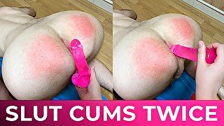 my slutty bottom cums two times with pink dildo in his asshole