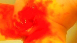 Red & yellow body paint masturbation