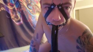 Bdsm ring gag, deepthroat training and drooling like crazy on dildo