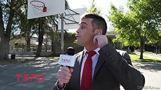 Sports reporter gets fucked by a transsexual slut after work