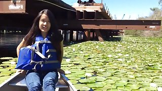 Showing feet in canoe