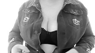 Boyfriends Biker Jacket fits snug on my big milf tits • amateur