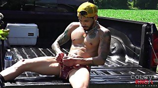 Draven Cum in the bed of a truck