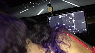 Ebony Teen Gives Sloppy Road Head while using Tesla Autopilot