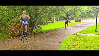 Giant fake tits cross dresser outdoors photoshoot being masturbated to by voyeur