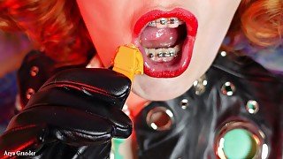 ASMR mukbang: food fetish - eating chocolate - latex rubber MILF blogger Arya