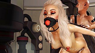 BDSM club. Hot sexy ball gagged blonde in restraints gets fucked hard by crazy midget in the lab