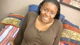 Busty ebony teen Eunique blows a guy in amateur POV