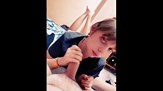 Petite slut gives blowjob with feet showing and then footjob