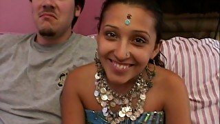 Skinny and horny Indian babe Kareenah sucking two dicks