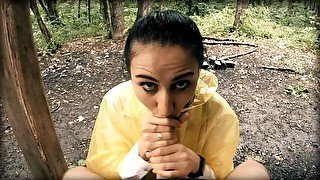 Black Lynn in Yellow Raincoat Sucking Cock in the Woods - Public Blowjob and Cum in Mouth