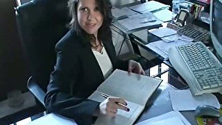 Cute black haired office slut obediently blows my huge dick