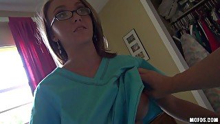 Nerdy teeny blonde babe Carrie gives some head on POV video