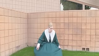 Funny solo masturbation by god fearing blonde in full public glare