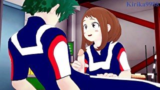 Ochako Uraraka plays hard with Izuku Midoriya's penis in the warehouse. - My Hero Academia Hentai