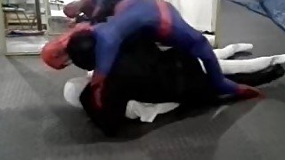 black meshed frogman vs white spandex and spiderman dummy