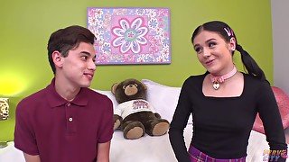 Pigtailed brunette, Rosalyn Sphinx got a huge cock up her tight ass, until she came