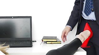 footjob in the office, guy cum on the legs of the secretary