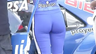 Super models show off their curvy asses on a car show