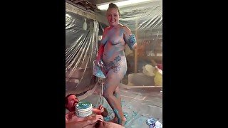 Frosting Fun- Thick curvy slut in a plain white dress sitting in a cake, hit with pies, and cream