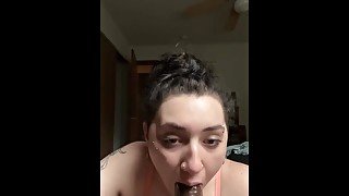 Pierced slut deep throats dildo