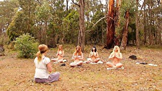 Lesbian naked yoga session in the woods with cute Marina Lee