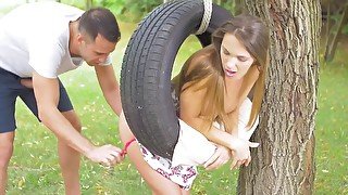 Hot Veronica receives cock in pink wet hole on the tire swing