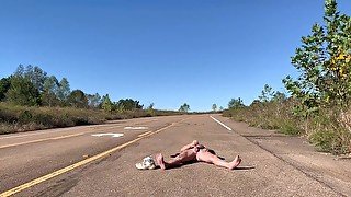 Viewer request: Slow strip in public. I sat down in the middle of the road and jacked off