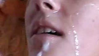 Three huge hot cumshots on my blonde wife's pretty face