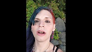 Hot t4t goth punk trans woman goes to the park with a big glass plug